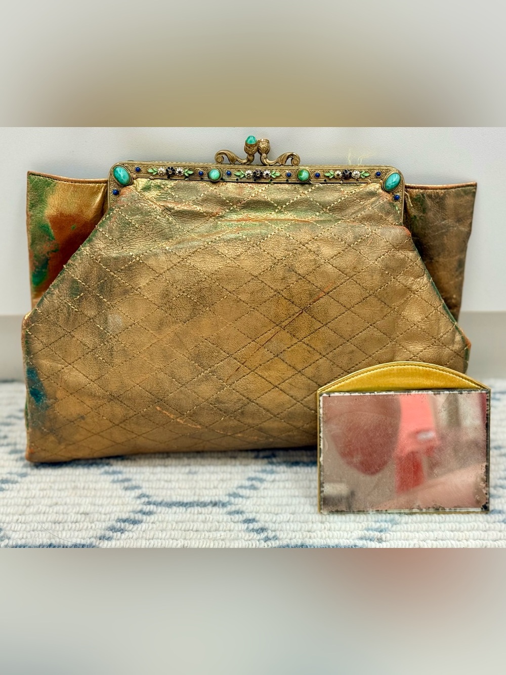 1920’s ANTIQUE Art Deco Metallic Gold Quilted Leather Jeweled Frame Clutch
